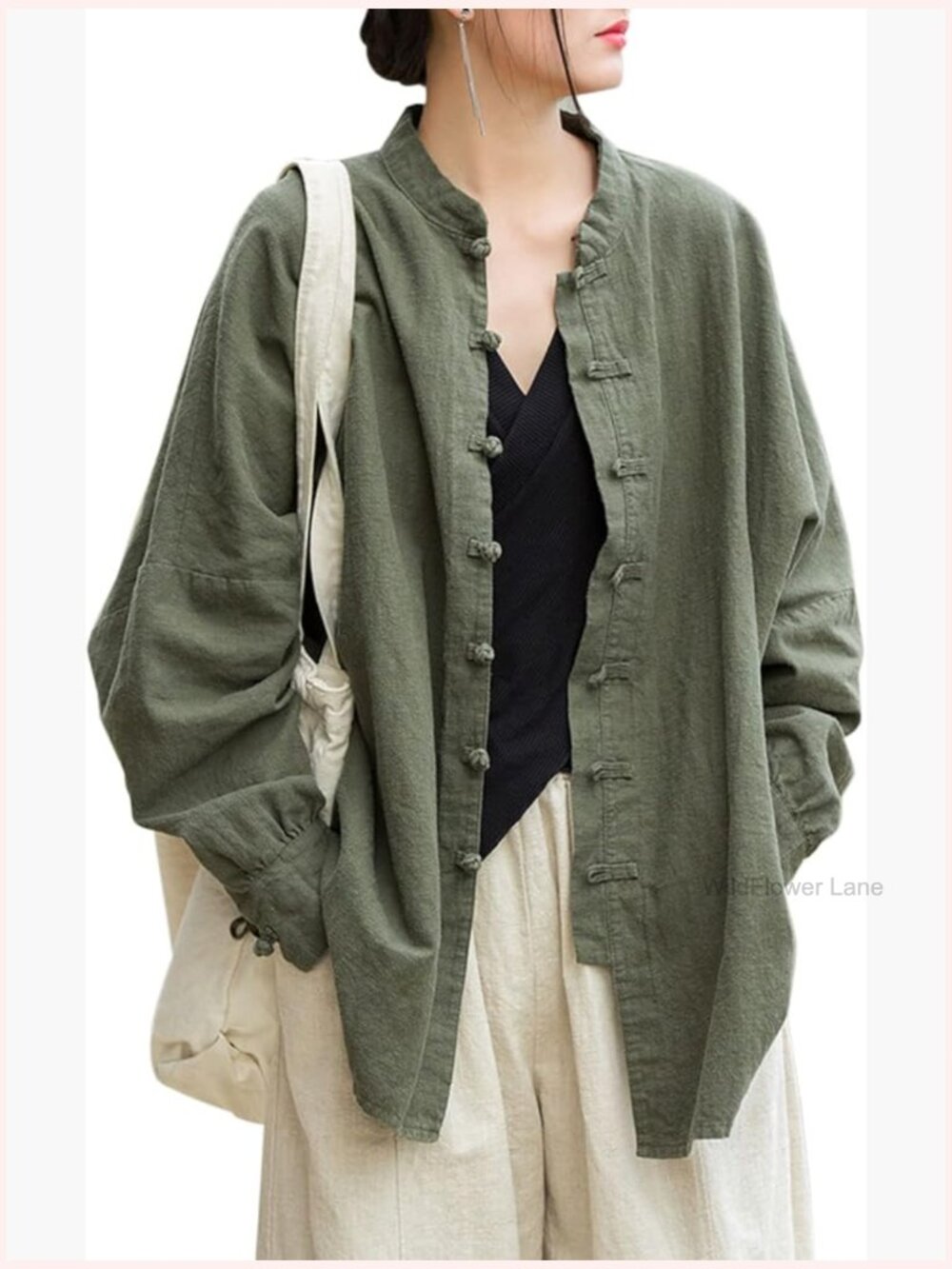 Linen Oversized Blouse Vintage Long Sleeve Chinese Frog Button Jacket Shirt Top - Picture 1 of 7